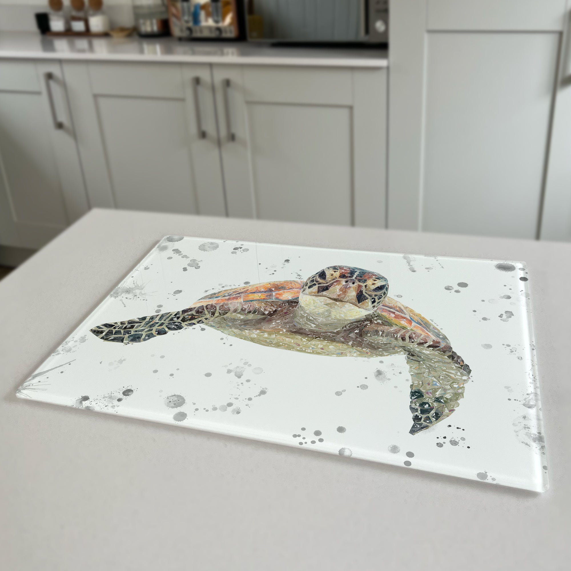 NEW! Drift, Sea Turtle (Grey Background) Premium Glass Worktop Saver - Andy Thomas Artworks