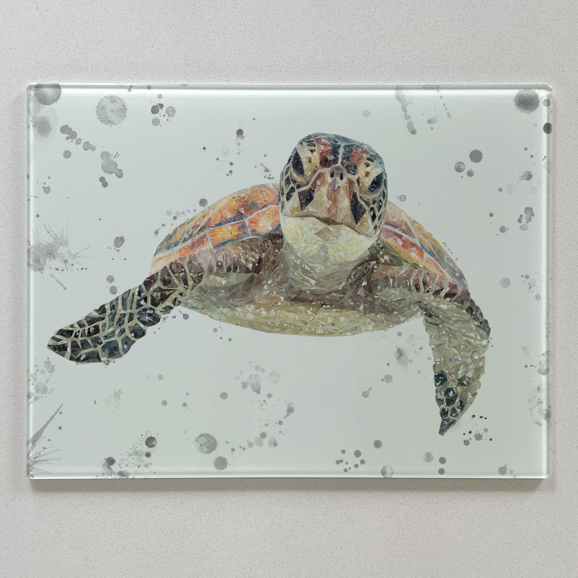 NEW! Drift, Sea Turtle (Grey Background) Premium Glass Worktop Saver - Andy Thomas Artworks