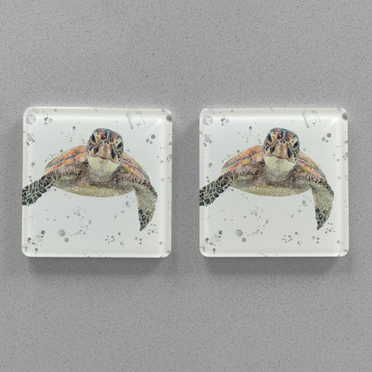 NEW! "Drift" Sea Turtle (Grey Background) Premium Glass Coasters - Andy Thomas Artworks