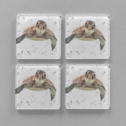 NEW! "Drift" Sea Turtle (Grey Background) Premium Glass Coasters - Andy Thomas Artworks