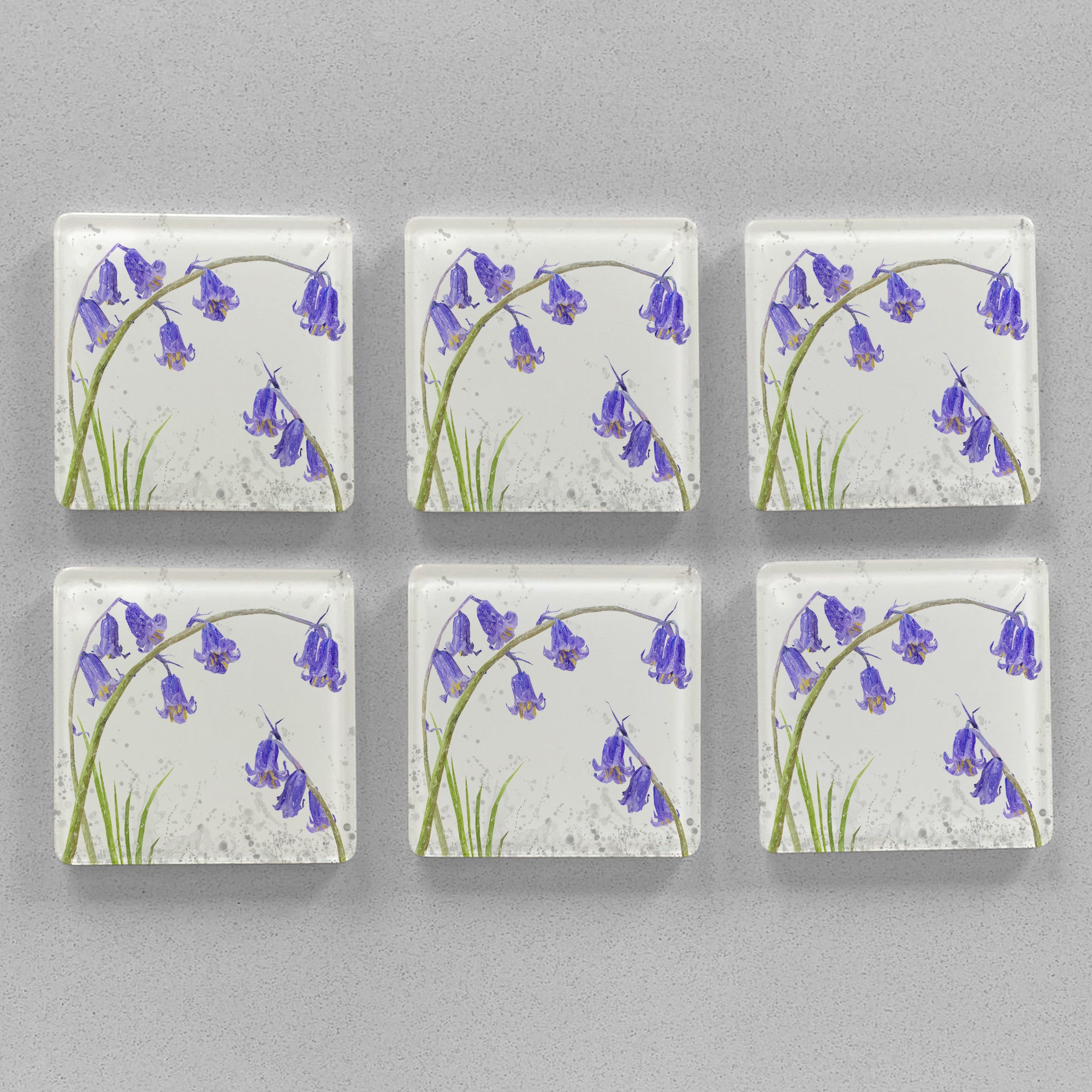 "Bluebells" Grey Background Premium Glass Coasters