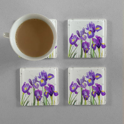 NEW! "Purple Haze" Iris Grey Background Premium Glass Coasters