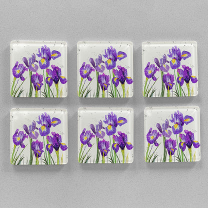 NEW! "Purple Haze" Iris Grey Background Premium Glass Coasters