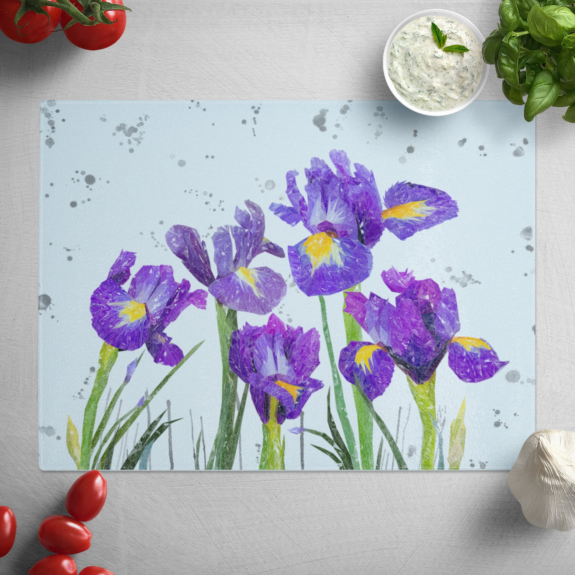 "Purple Haze"  Iris Grey Background Glass Worktop Saver