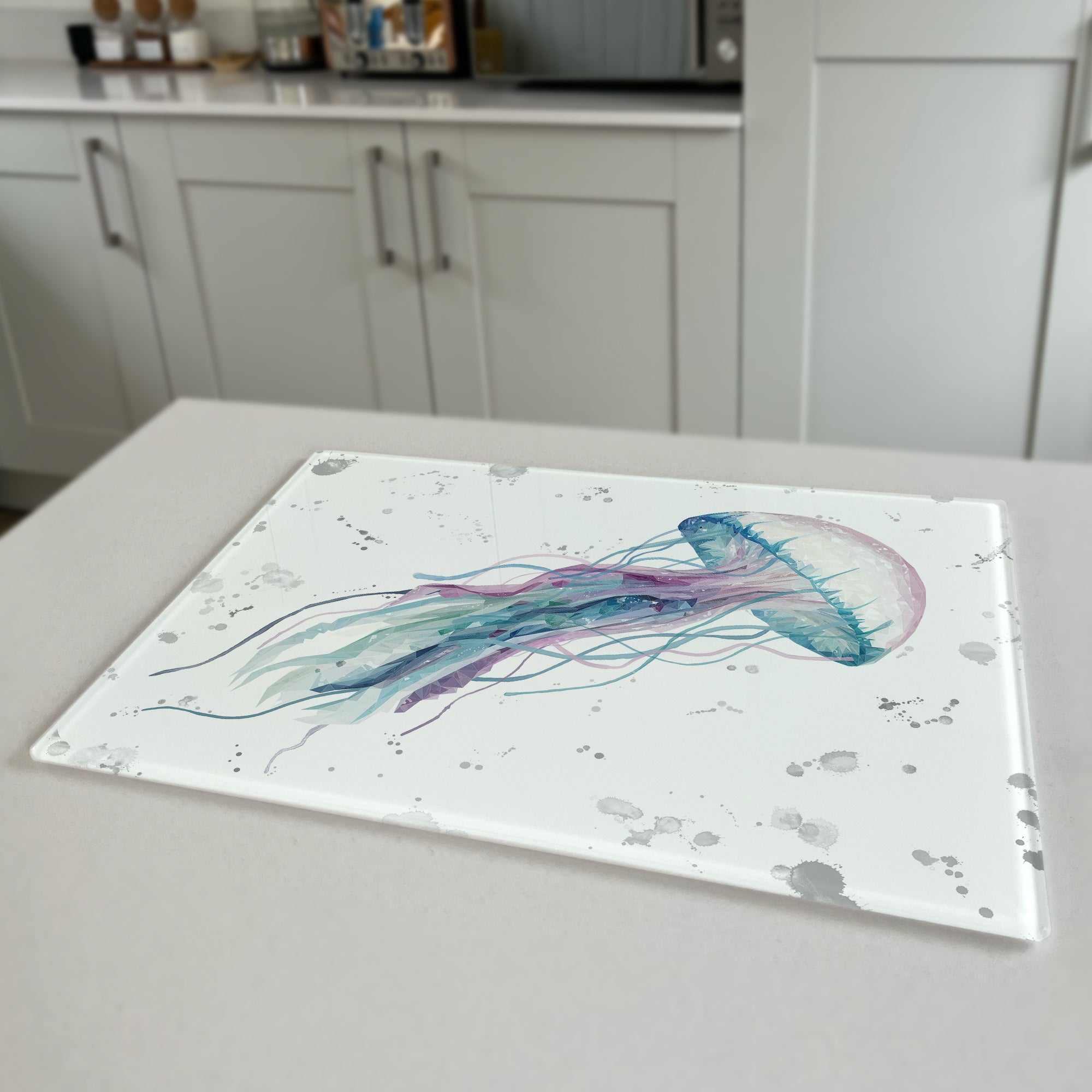 NEW! Ophelia, Jellyfish (Grey Background) Premium Glass Worktop Saver - Andy Thomas Artworks