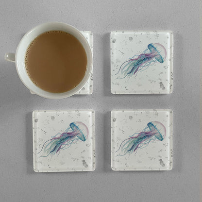 NEW! "Ophelia" Jellyfish (Grey Background) Premium Glass Coasters - Andy Thomas Artworks