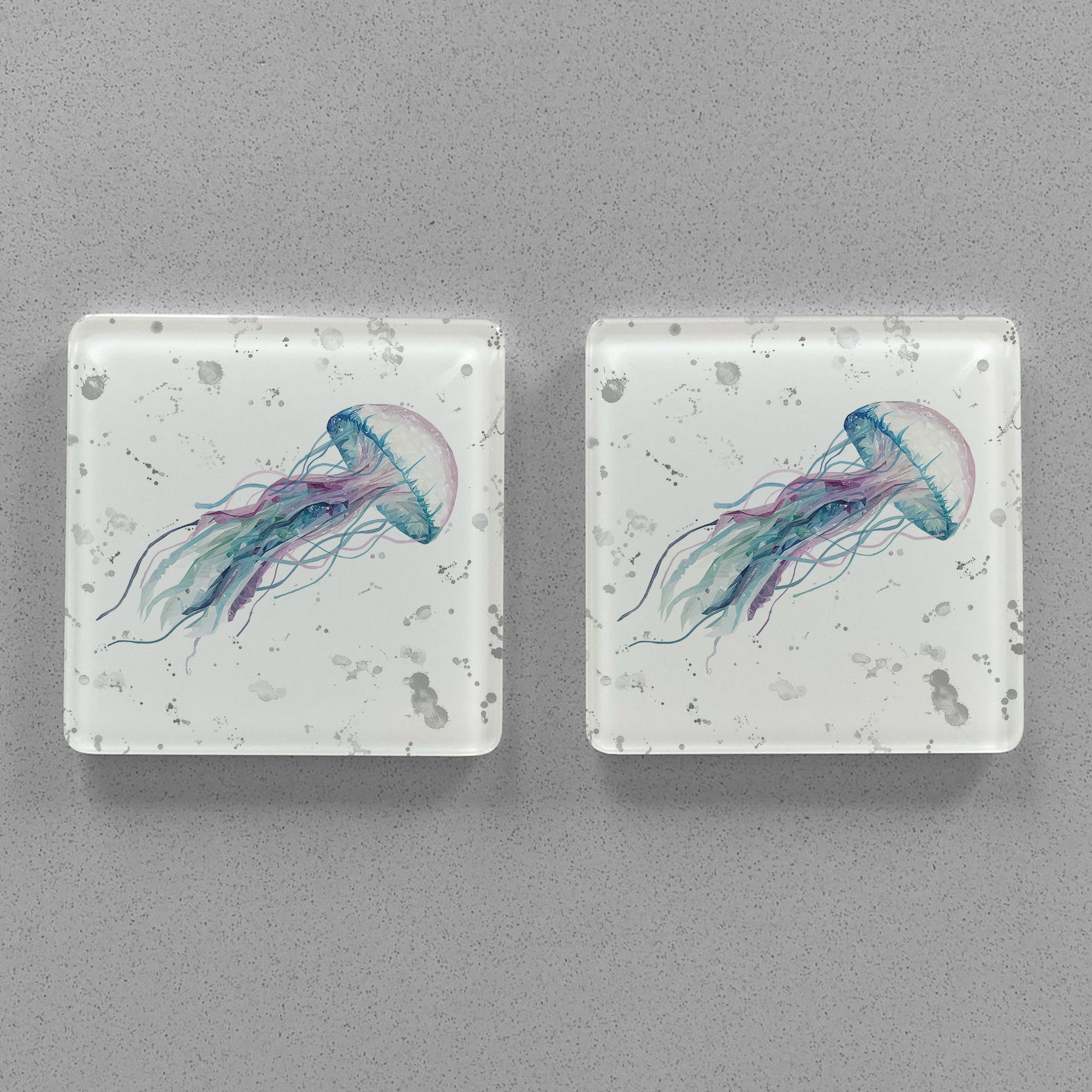 NEW! "Ophelia" Jellyfish (Grey Background) Premium Glass Coasters - Andy Thomas Artworks
