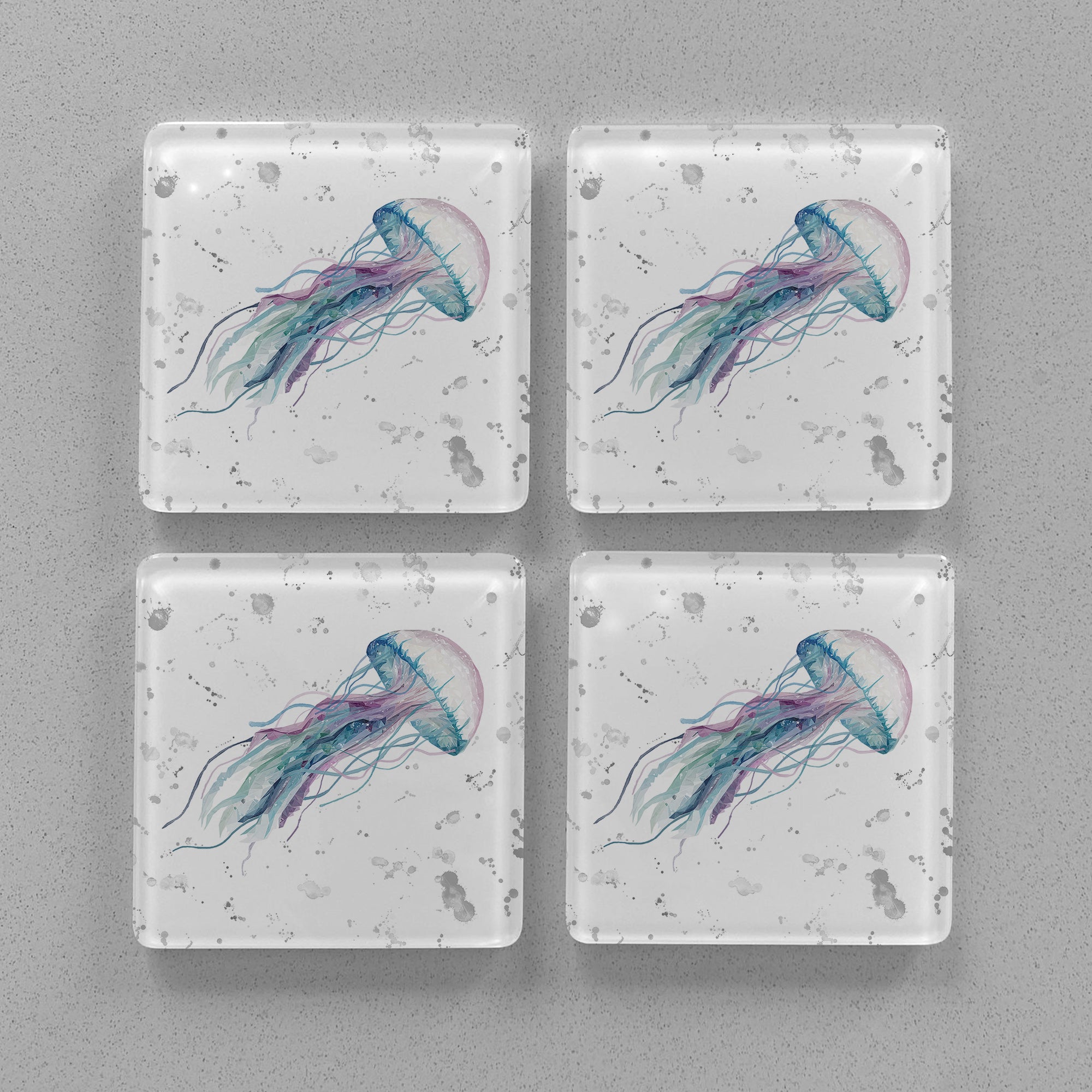 NEW! "Ophelia" Jellyfish (Grey Background) Premium Glass Coasters - Andy Thomas Artworks