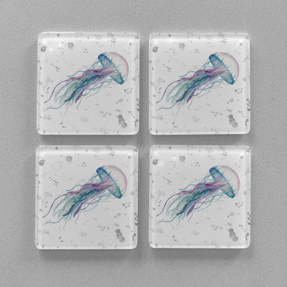 NEW! "Ophelia" Jellyfish (Grey Background) Premium Glass Coasters - Andy Thomas Artworks