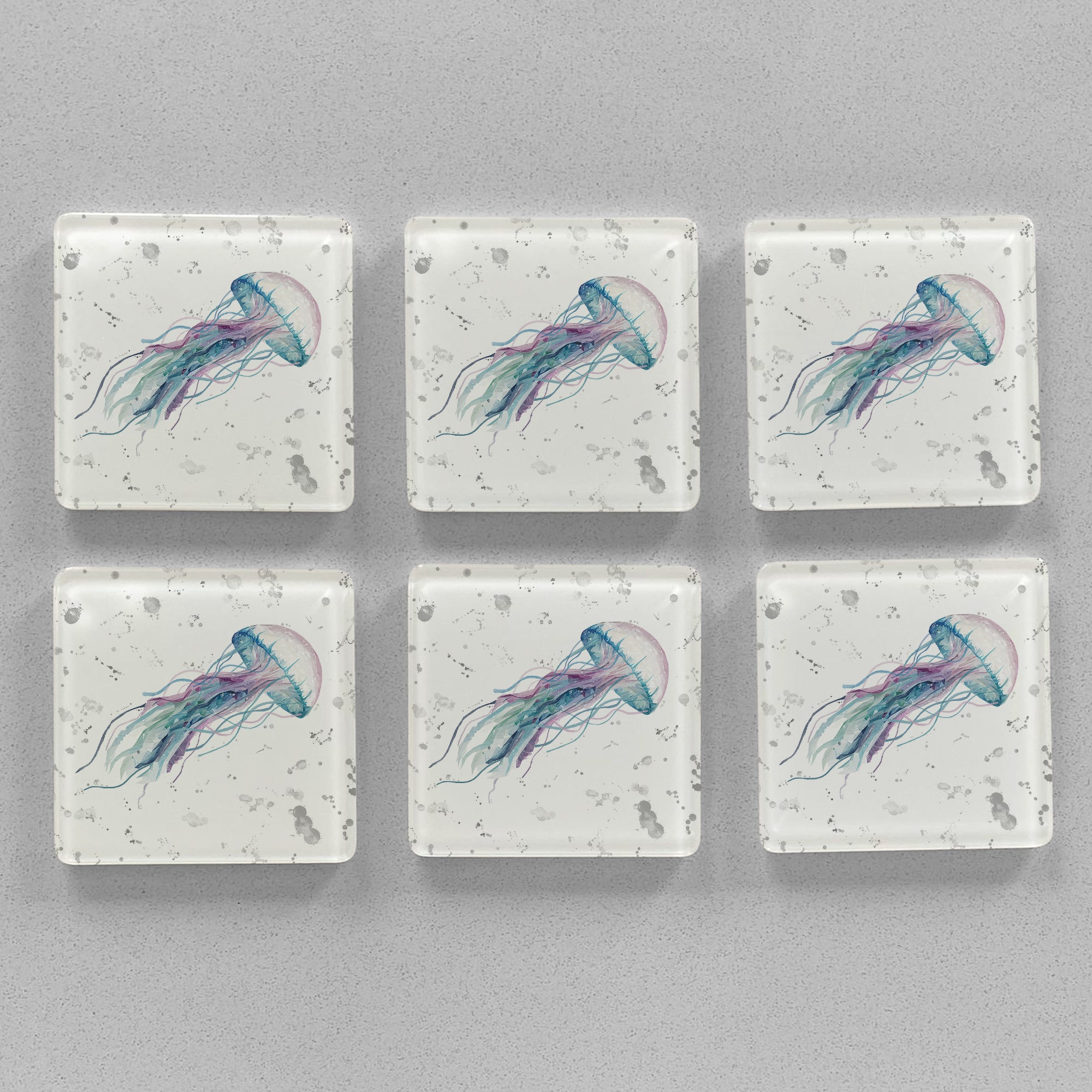 NEW! "Ophelia" Jellyfish (Grey Background) Premium Glass Coasters - Andy Thomas Artworks