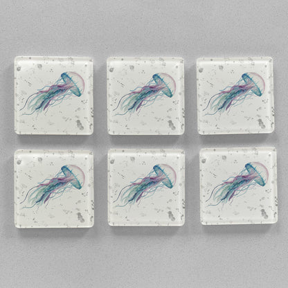NEW! "Ophelia" Jellyfish (Grey Background) Premium Glass Coasters - Andy Thomas Artworks