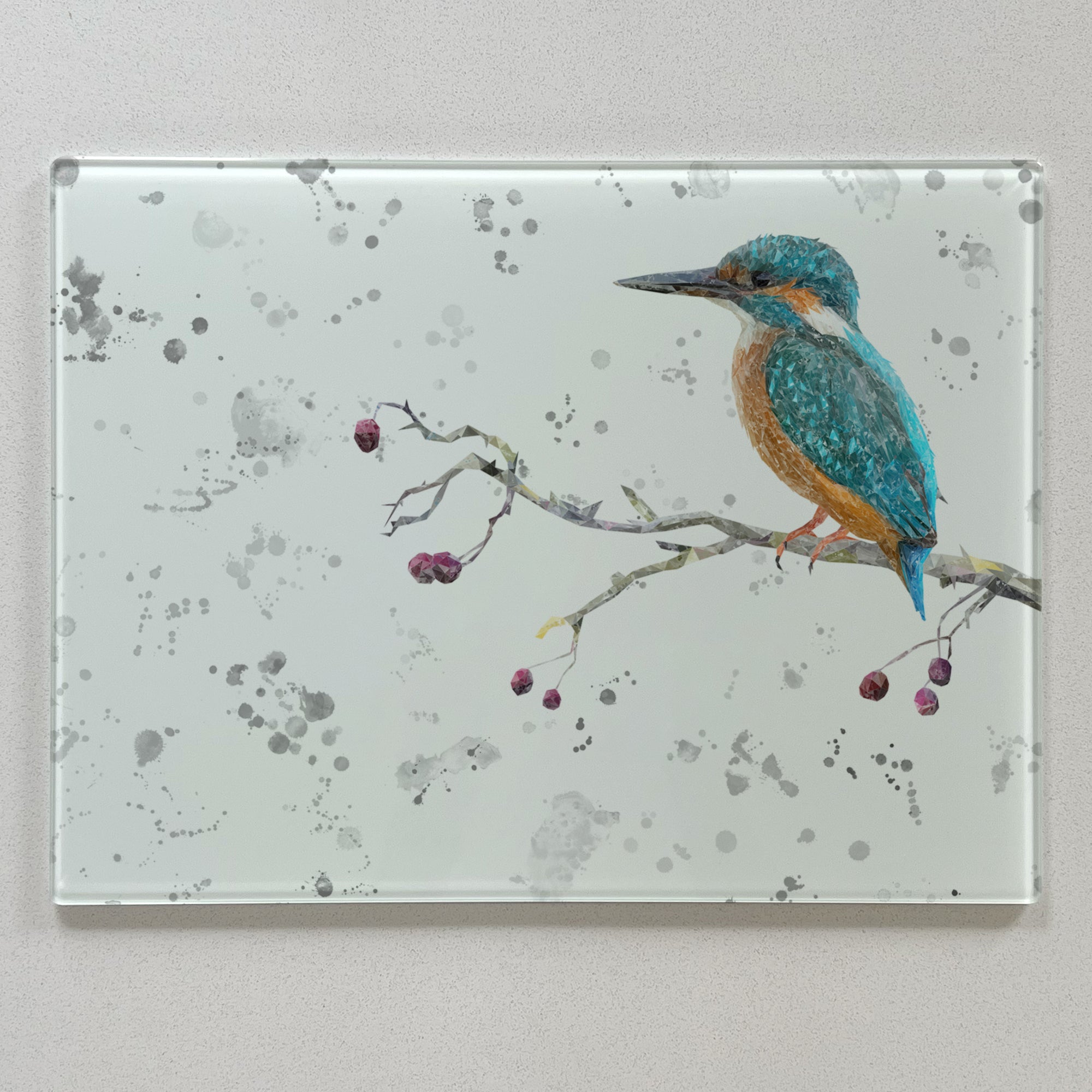 NEW! On the Lookout, The Kingfisher (grey background) Premium Glass Worktop Saver - Andy Thomas Artworks