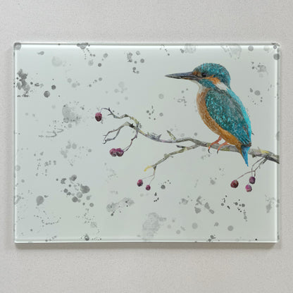 NEW! On the Lookout, The Kingfisher (grey background) Premium Glass Worktop Saver - Andy Thomas Artworks
