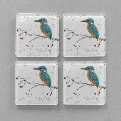 NEW! "On the Lookout" The Kingfisher (grey background) Premium Glass Coasters - Andy Thomas Artworks