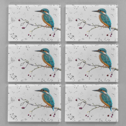 NEW! "On the Lookout" The Kingfisher (grey background) Premium Glass Placemat - Andy Thomas Artworks