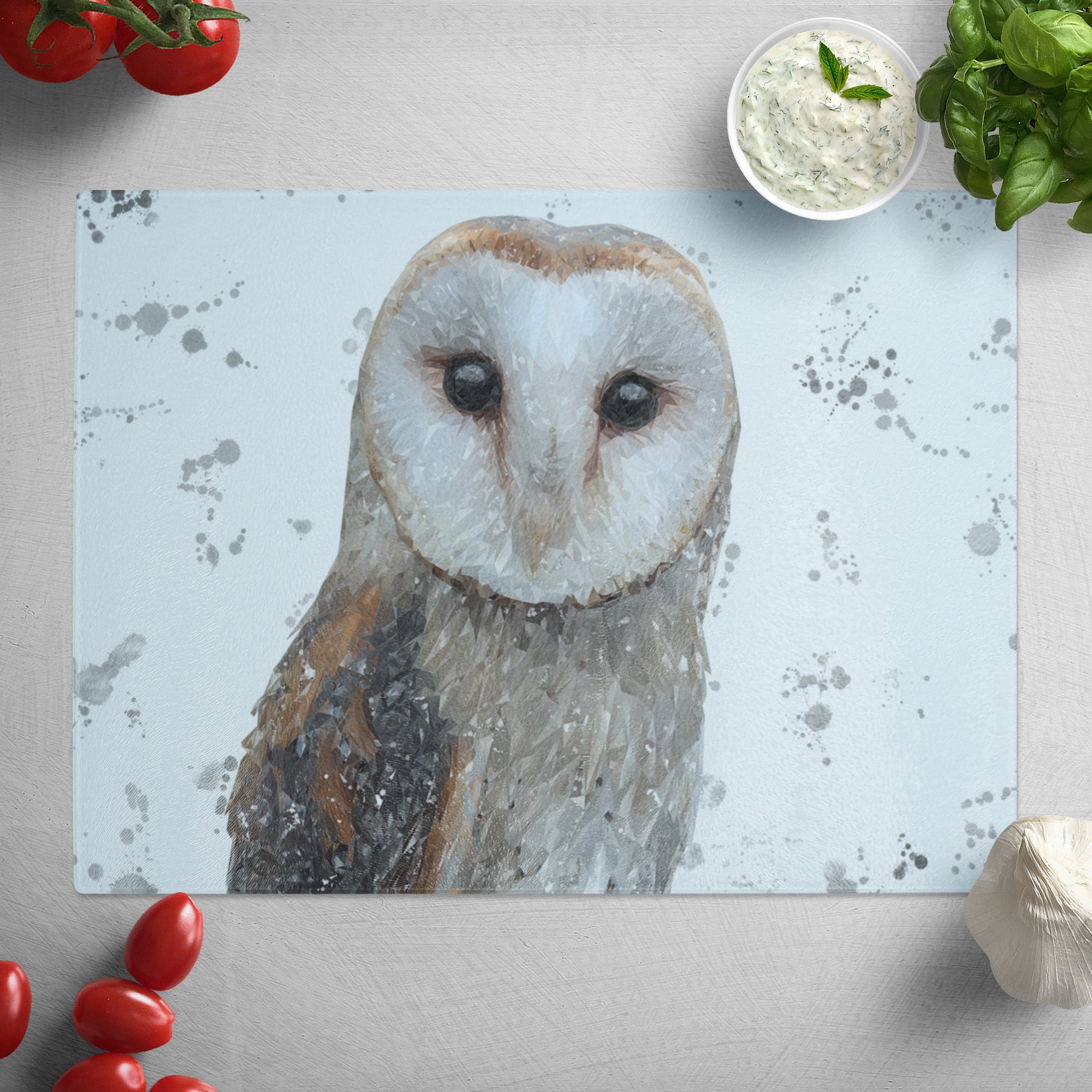 "Whisper" The Barn Owl (Grey Background) Glass Worktop Saver