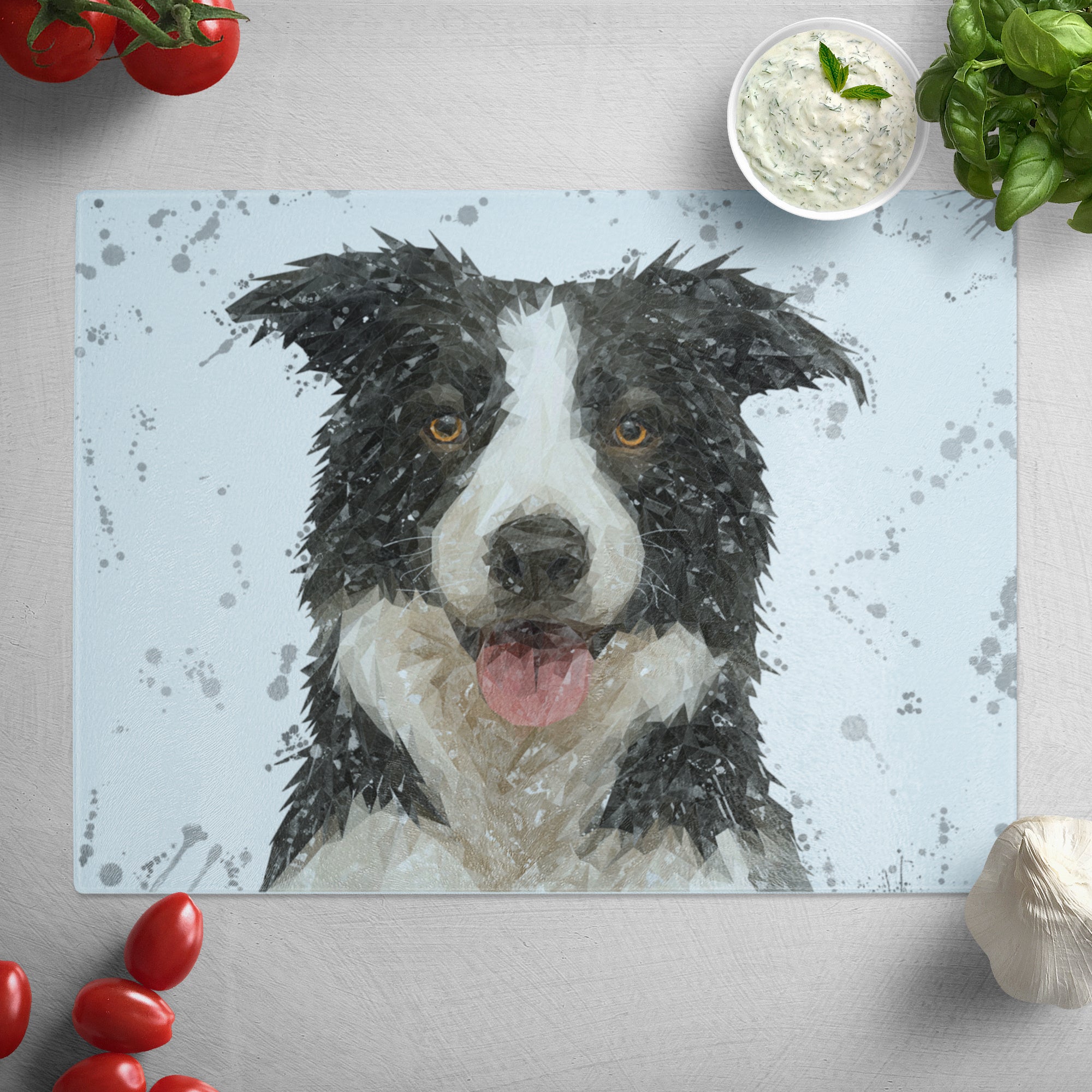 NEW! "Shep" The Border Collie Grey Background Glass Worktop Saver