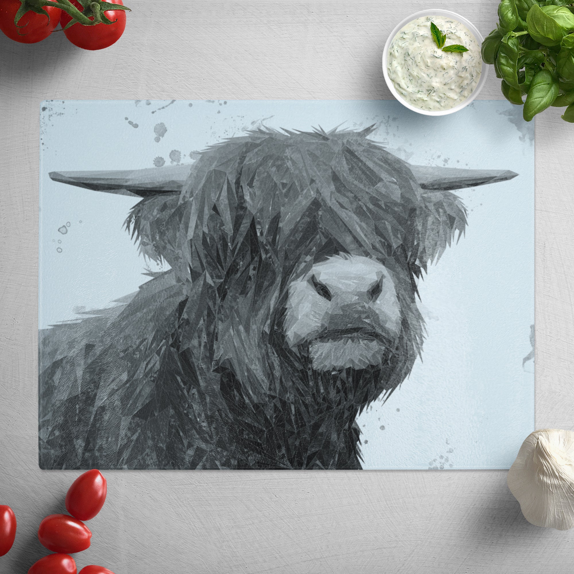 "Henry" The Highland Bull (B&W) Glass Worktop Saver