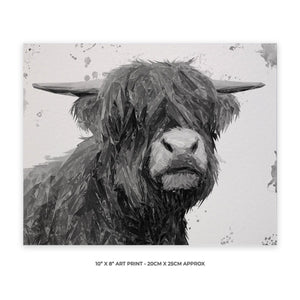 "Henry" The Highland Bull (B&W) 10" x 8" Unframed Art Print - Andy Thomas Artworks