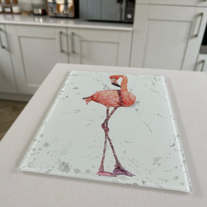 The Colourful Flamingo, Grey Background, Portrait, Premium Glass Worktop Saver