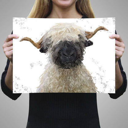 "Betty" The Valais Blacknose Sheep (Grey Background) A3 Unframed Art Print - Andy Thomas Artworks