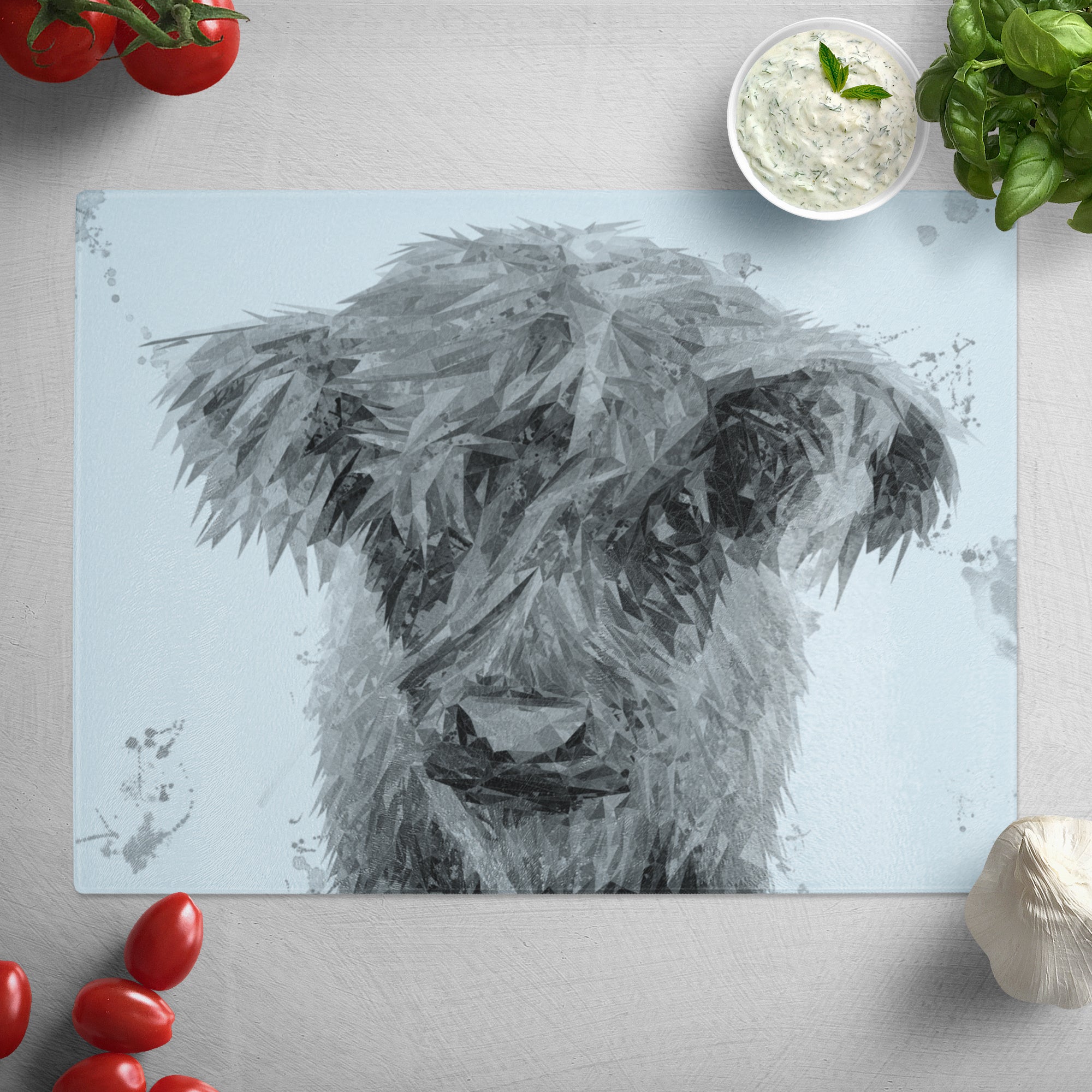 "Peeps" The Highland Calf (B&W) Glass Worktop Saver