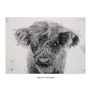 "Peeps" The Highland Calf (B&W) 5x7 Mini Print - Andy Thomas Artworks