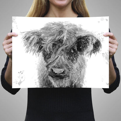 "Peeps" The Highland Calf (B&W) A3 Unframed Art Print - Andy Thomas Artworks