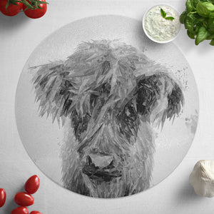 "Peeps" The Highland Calf (B&W) Glass Worktop Saver