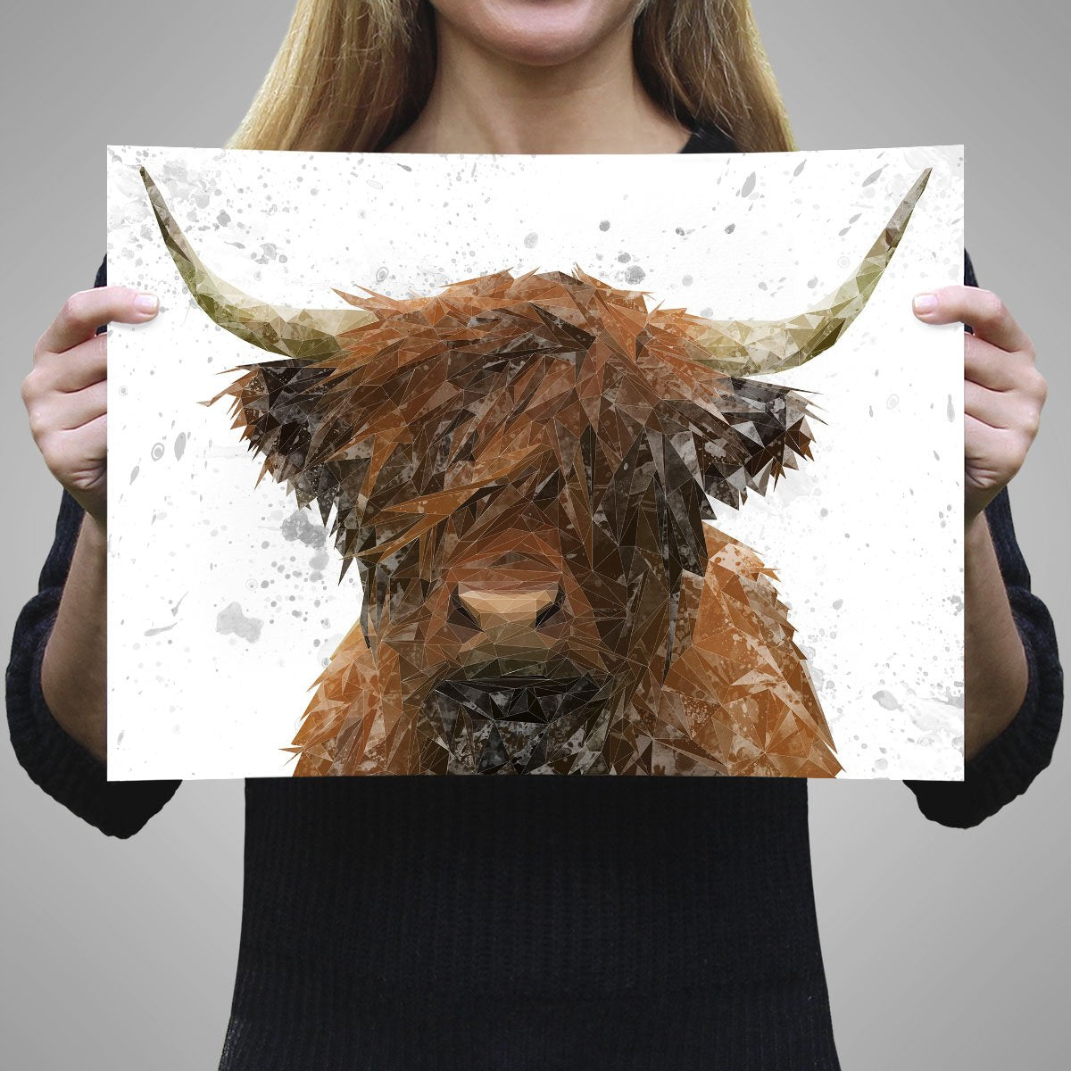 "The Highland" Highland Cow Art (Grey Background) A3 Unframed Art Print - Andy Thomas Artworks