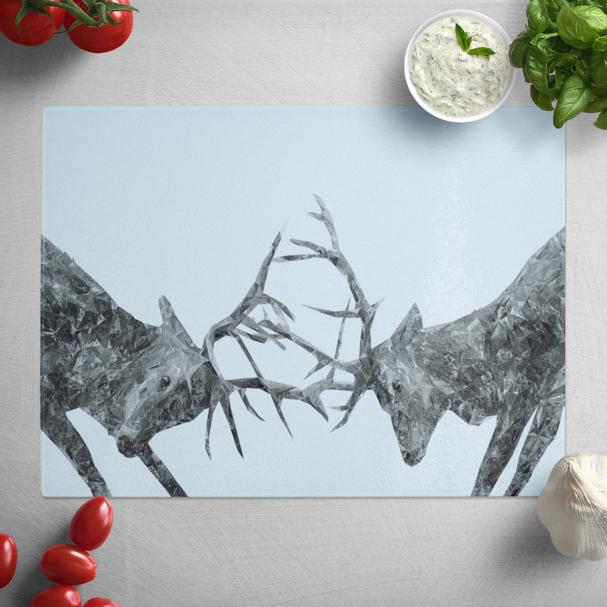 "The Showdown" Rutting Stags (B&W) Glass Worktop Saver