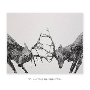 "The Showdown" Rutting Stags (B&W) 10" x 8" Unframed Art Print - Andy Thomas Artworks