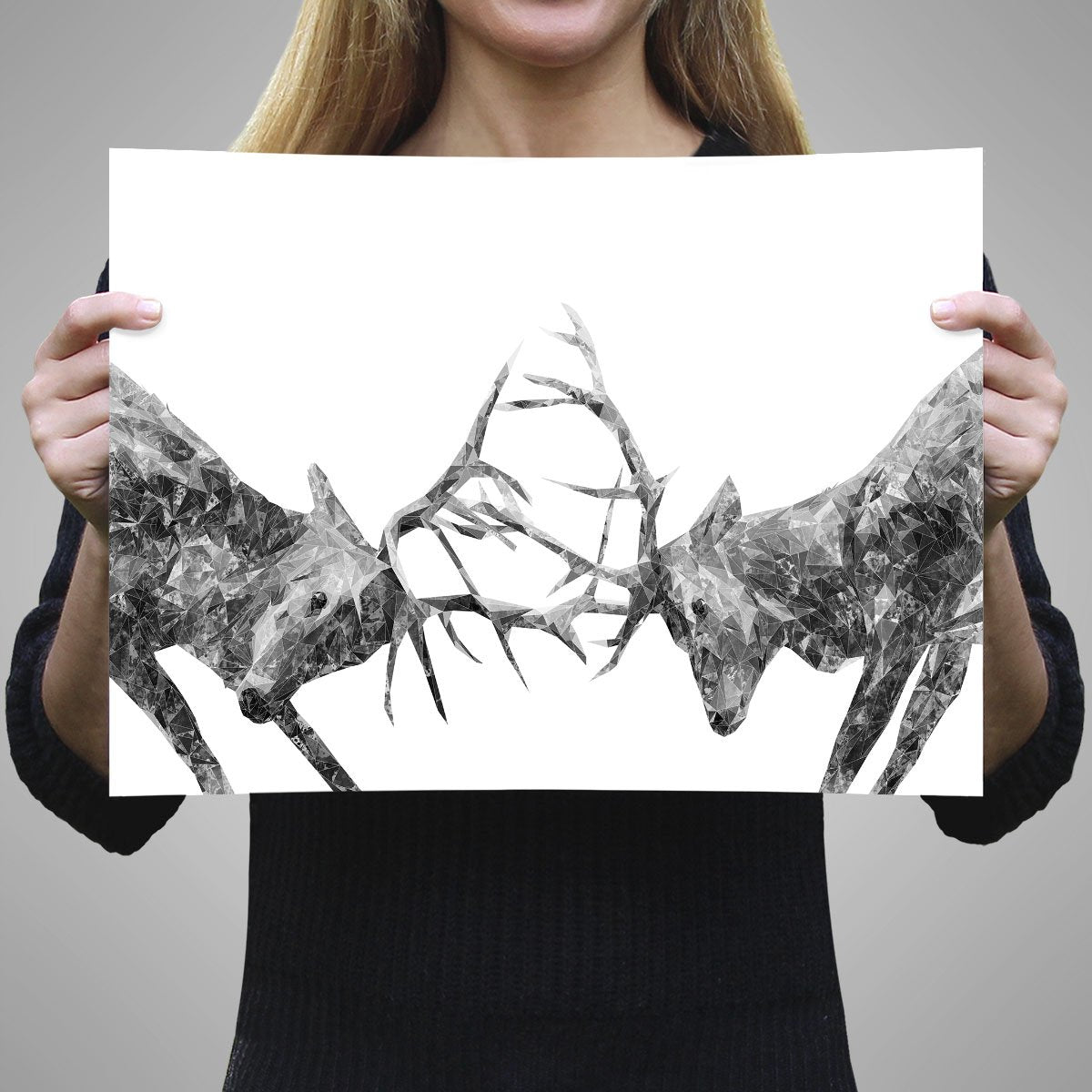 "The Showdown" Rutting Stags (B&W) A3 Unframed Art Print - Andy Thomas Artworks