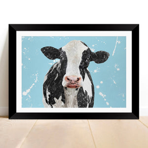 "Harriet" The Holstein Cow (Blue Background) Framed & Mounted Art Print