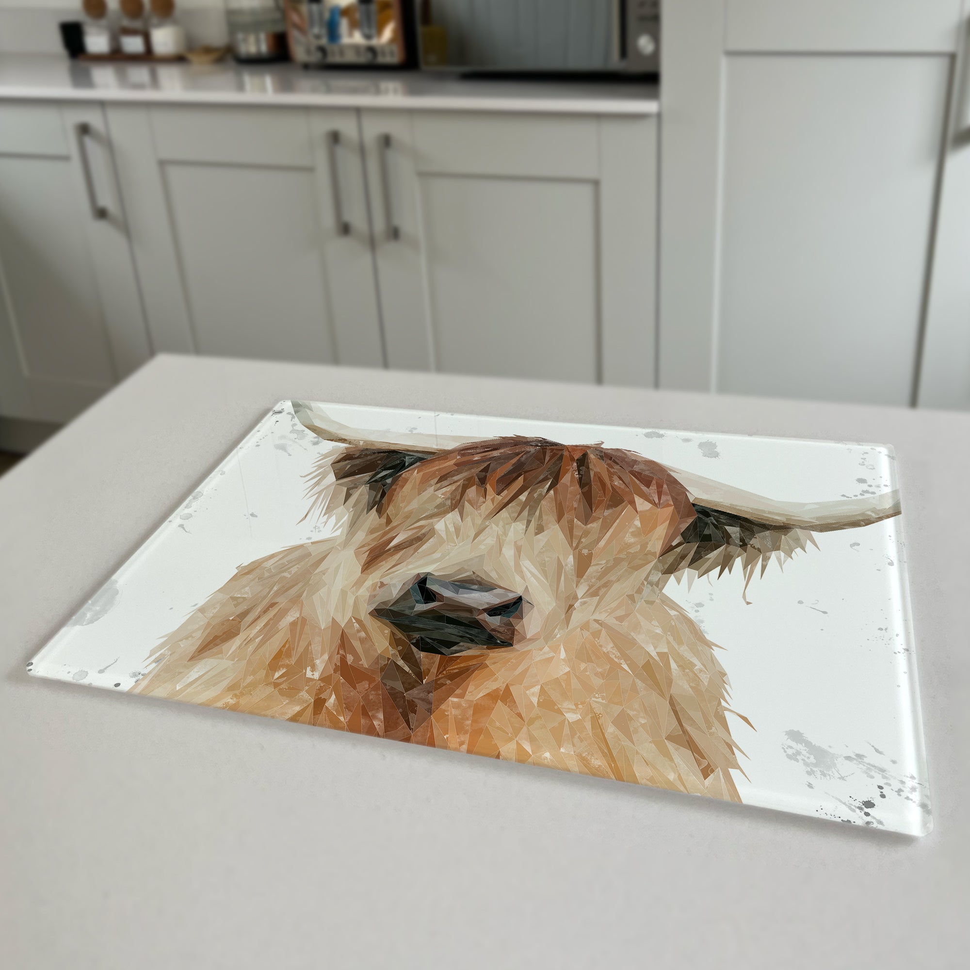 Bernadette The Highland Cow, Grey Background Premium Glass Worktop Saver