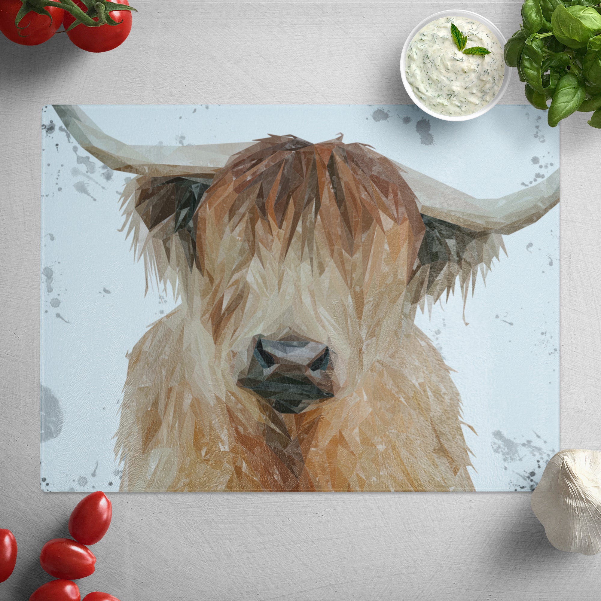 "Bernadette" The Highland Cow (Grey Background) Glass Worktop Saver