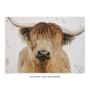 "Bernadette" The Highland Cow (Grey Background) A3 Unframed Art Print - Andy Thomas Artworks