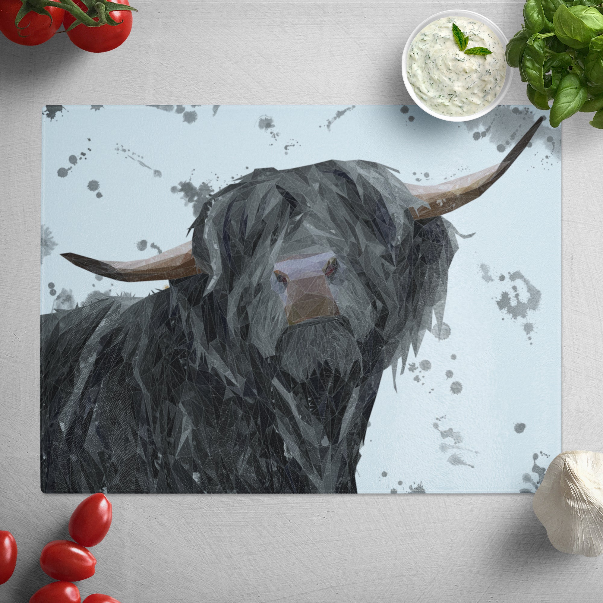 "Barnaby" The Highland Bull (Grey Background) Glass Worktop Saver