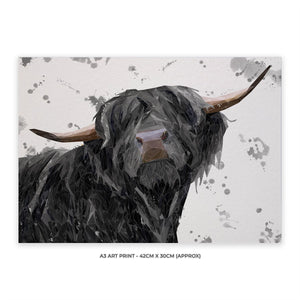 "Barnaby" The Highland Bull (Grey Background) A3 Unframed Art Print - Andy Thomas Artworks