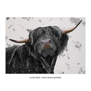 "Barnaby" The Highland Bull (Grey Background) A4 Unframed Art Print - Andy Thomas Artworks
