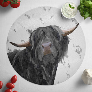 "Barnaby" The Highland Bull (Grey Background) Glass Worktop Saver
