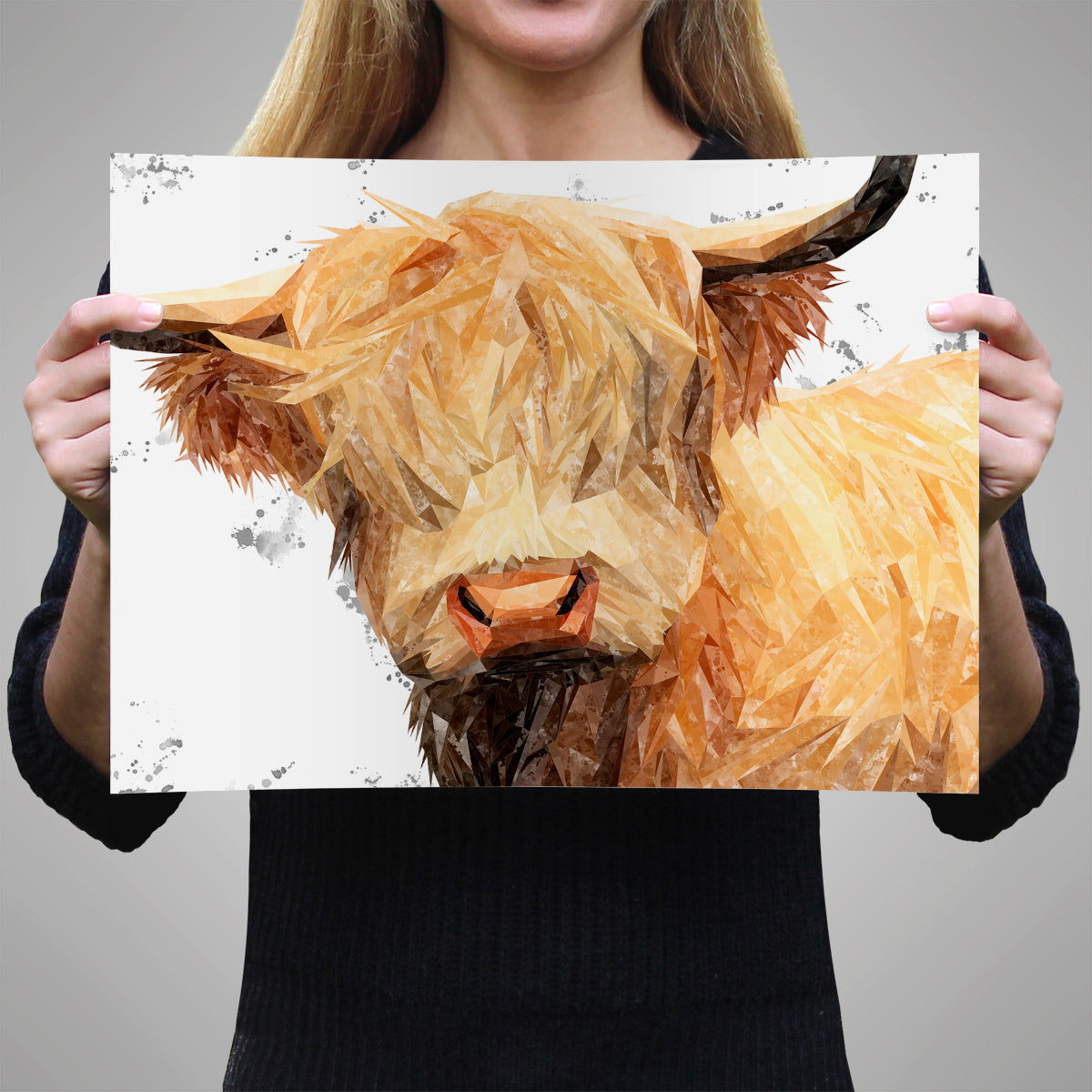 "Brenda" (Grey Background) The Highland Cow A3 Unframed Art Print - Andy Thomas Artworks