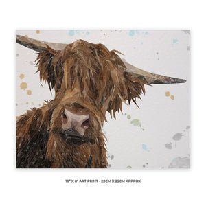 "Mac" The Highland Bull (Grey Background) 10" x 8" Unframed Art Print - Andy Thomas Artworks