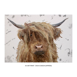 "Millie" (grey background) The Highland Cow A4 Unframed Art Print - Andy Thomas Artworks