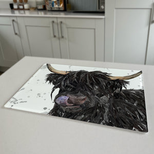 Mabel The Highland Cow Grey Background Premium Glass Worktop Saver