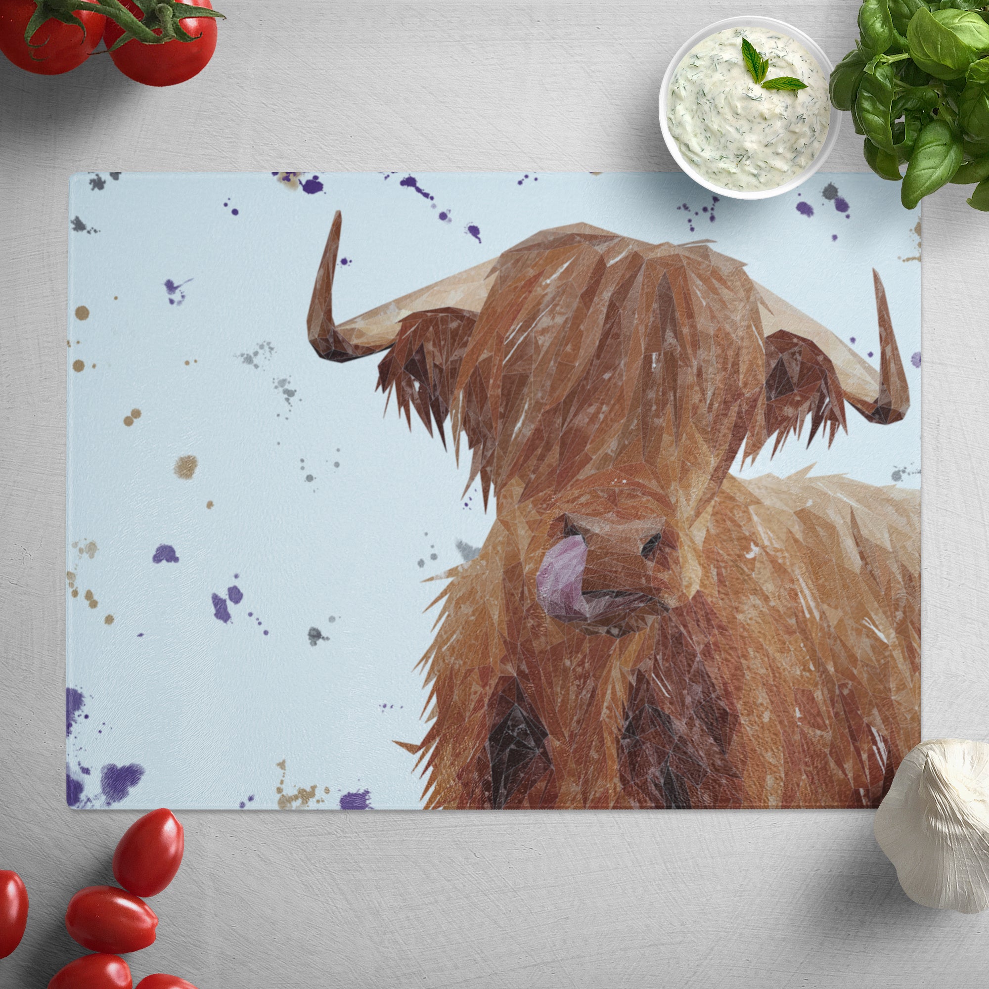 "Stephen Thomas" The Highland Bull (landscape version) Glass Worktop Saver