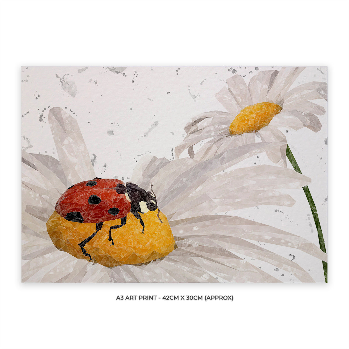 "Lady Daisy" Ladybird and Daisies (Grey Background) A3 Unframed Art Print