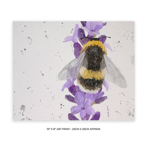 "Lavender Buzz" (Landscape, Grey Background) Bee & Lavender 10" x 8" Unframed Art Print