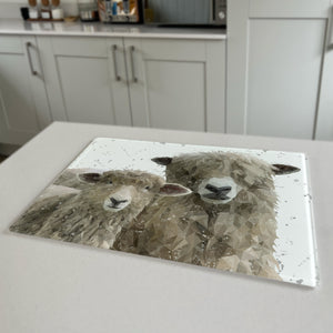 Lily & Lottie (Grey Background) The Lincoln Longwool Sheep Premium Glass Worktop Saver